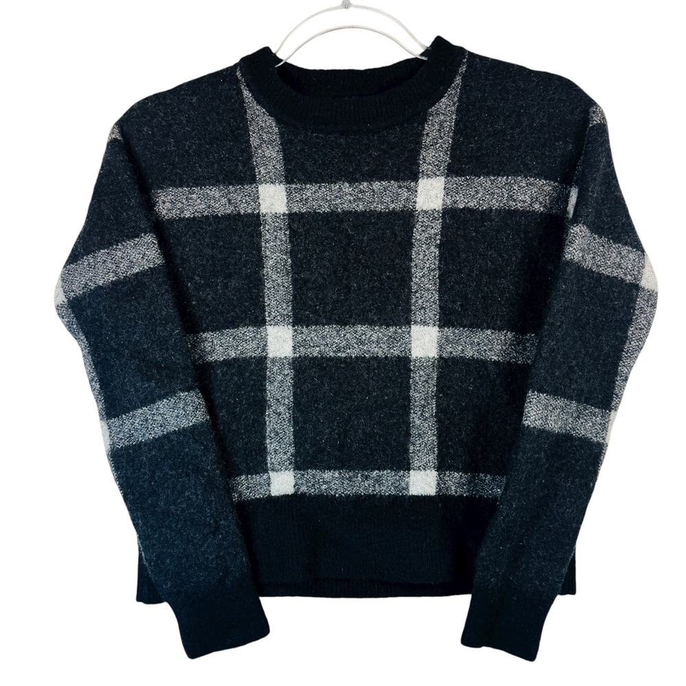 Banana Republic womens XS‎ black white plaid fuzzy wool blend crewneck pullover